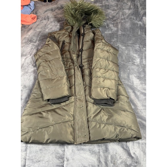 Diesel Kids Puffer Coat Jacket Olive Green Faux Fur Hood‎ Size 12
